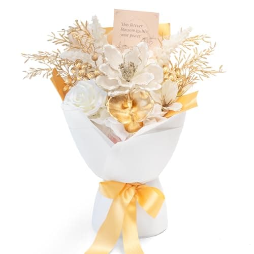 TINGE TIME Preserved Flowers Bouquet, Platinum Faux Rose Bouquets, Eternal Roses Bouquet for Wedding, Table Centerpieces, Mothers Day, Birthday Gifts, Anniversary, Graduation(White & Gold) — image 1