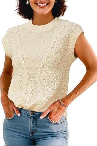 Arach&Cloz Womens Spring Sweater Vest 2025 Cap Sleeve Crew Neck Casual Tops Cable Knit Crochet Loose Fit Summer Outfits — image 1