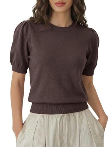 LaGracia Womens Cropped Sweater Puff Short Sleeve Spring Summer Work Tops Crew Neck Sweaters — image 1