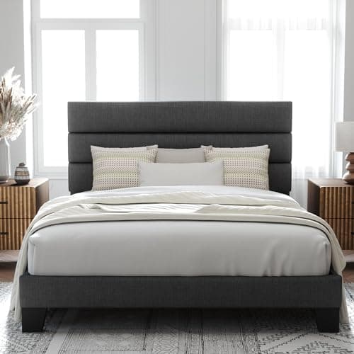 Allewie Queen Size Platform Bed Frame with Fabric Upholstered Headboard and Wooden Slats Support, Fully Upholstered Mattress Foundation/No Box Spring Needed/Easy Assembly, Dark Grey — image 1