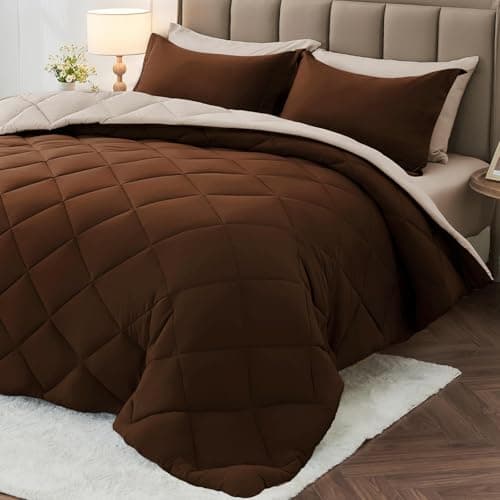 MUXHOMO 7 Pieces Full Comforter Set, Reversible Bed in a Bag Full Size, All Season Bedding Set with Comforter, Flat Sheet, Fitted Sheet, Pillowcases & Shams, Brown & Khaki — image 1