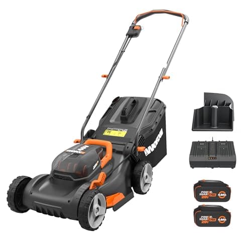 WORX 17" Cordless Lawn Mower, 2 in 1 Electric Mower Cuts Quietly, Compact & Lightweight Push Lawn Mower with 7-Position Height Adjustment for Small Yards, 2 Batteries & Charger Included, WG743 — image 1