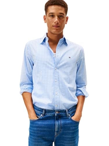 Tommy Hilfiger Mens Long Sleeve Poplin Shirts in Regular Fit, Men's Button Down Shirts, Also Available in Big and Tall Sweet Blue/Check X-Small