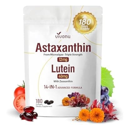 14-in-1 Astaxanthin 12mg & Lutein 40mg with Zeaxanthin Supplements, 6 Month Supply, Fresh Microalgae Source, Supports Eye, Skin, Antioxidant, Joint, Circulatory Health Non-GMO Gluten Free 180 Softgels