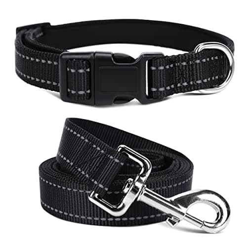 Jumpress Soft Neoprene Padded Dog Collar and Leash Set for Small Medium Large Dogs, Reflective Durable Nylon Dog Collar with 5ft Leash Easy for Walking, Black,Neck fit 12.5-19.5’’ — image 1