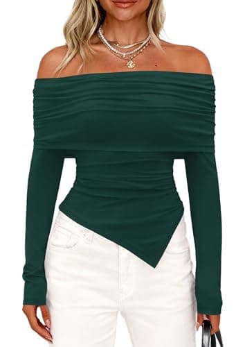 PRETTYGARDEN Women's Off The Shoulder Tops Spring Fashion 2026 Long Sleeve Shirts Going Out Slim Fitted Blouses Fall Clothes — image 1