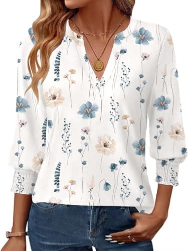 GKBK Womens 3/4 Sleeve Shirts V Neck Dressy Casual Spring Summer Blouses with Smocked Cuffs — image 1