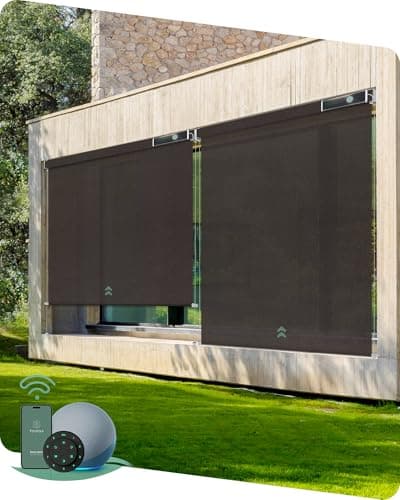 Yoolax Customized Motorized Outdoor Shades, Smart Blinds Compatible with Alexa Google, Remote Control Waterproof Blinds for Patio Porch Windows Outside (1% Openness Rich Chocolate Lover) — image 1
