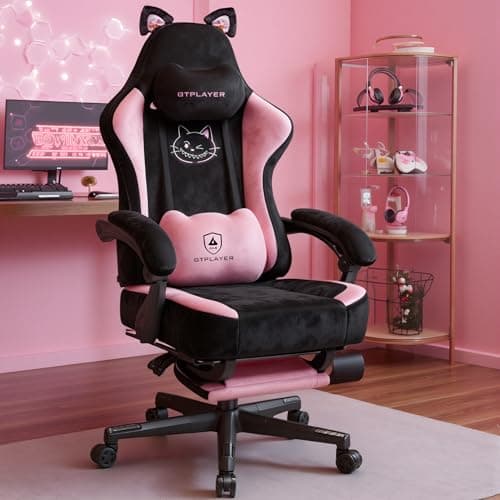 GTPLAYER Pink Gaming Chair Cute with Cat Ears Ergonomic Computer Chair with Cat Embroidery Adjustable Memory Foam Lumbar Support and Headrest Comfortable Reclining Office Chair Soft Velvet Fabric — image 1