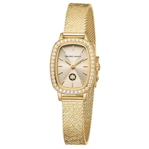 GOLDEN MAPLE Dainty Watches for Women, Gold Watch with Small Stainless Steel Case, Quartz Movement and Water Resistant, Adjustable Mesh Band (Gold)