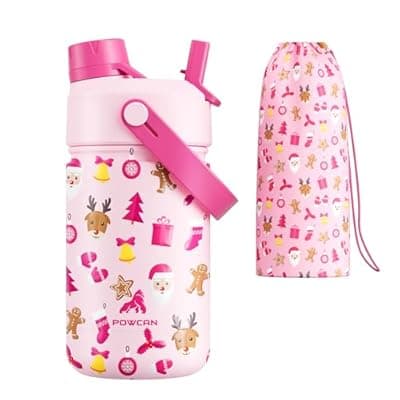 12 oz Christmas Kids Insulated Water Bottle: 2-in-1 Straw Spout Lid, Leakproof, BPA-Free, Stainless Steel Cup with Carrier Bag for School, Trip, Holiday Gift for Girls Daughters (Santa's Sweet Squad)