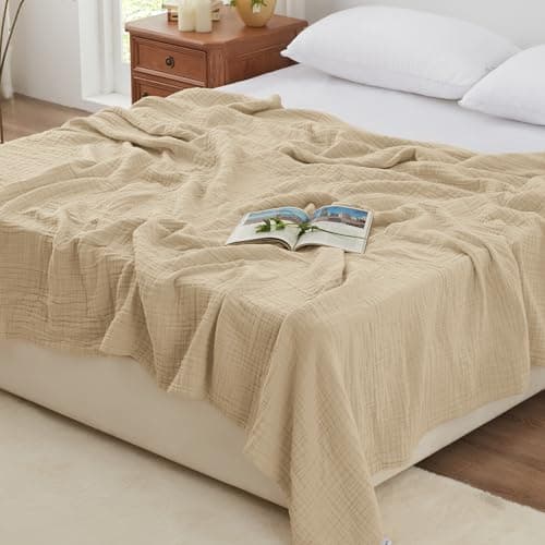 Love's cabin 100% Cotton Muslin Blanket, 6 Layer Lightweight Breathable Gauze Queen Size Blanket 90 x 90 Inches, Soft All Season Blanket for Bed, Khaki — image 1