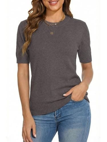 LaGracia Short Sleeve Sweater for Women Wool Blend Crewneck Business Casual Pullover Lightweight Sweaters — image 1