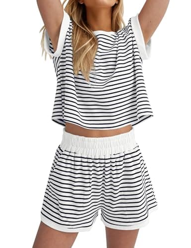 Burtell Women Summer 2 Piece Lounge Sets Striped Short Sleeve Tee Shirts Mini Shorts Loungewear Shorts Set Ribbed Pajama Set — image 1