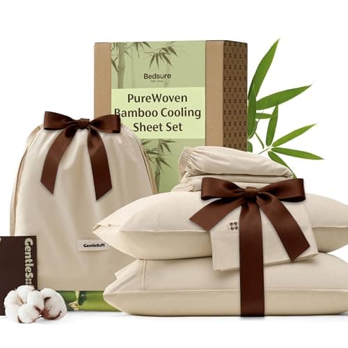 Bedsure Bamboo Viscose Cooling Sheets, Rayon Cotton Serene Blend, PureWoven, Breathable & Buttery Soft Queen Size Bed Set,Deep Pocket Up to 18", Hotel Luxury Bedding for Hot Sleepers, Beige — image 1