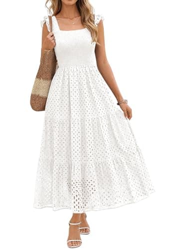 Lazysmile Womens Summer Maxi Dress Square Neck Ruffle Cap Sleeve Hollow Out Eyelet Smocked Tiered A Line Boho Sundress — image 1