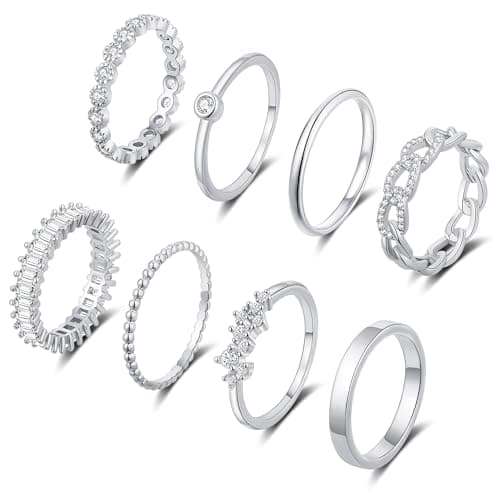 ZNBOH Gold Silver Plated Stacking Rings Set for Women 14K Dainty Stackable Thumb Knuckle Cute Ring for Women Pinky Finger Fashion Band Thin Simple Plain Chain CZ Rings Size 6-11 — image 1