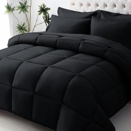 JOLLYVOGUE California King Comforter Set, Ultra-Soft Bed in a Bag Cal King Size 7 Pieces, Oeko-TEX Certified Bedding Set with Down Alternative Comforter, Sheets, Pillowcases & Shams, Black — image 1