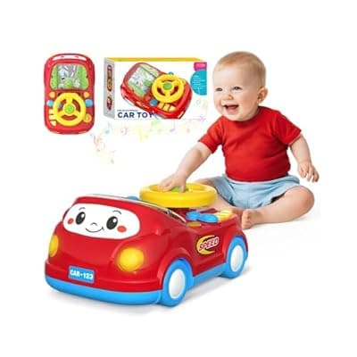 Toys for 1 Year Old Boy Gifts - 2-in-1 Toddler Push Car & Musical Racing Adventure Steering Wheel Driving Game, Interactive Simulated Driving Car for Baby 12-18 Months, Birthday Gift Ages 1-2, Red