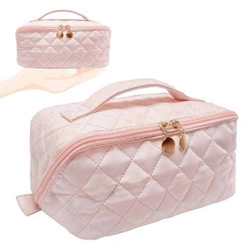 STOMKIRE Pink Soft Leather Small Makeup Bag for Purse Small Makeup Pouch Cute Cosmetic Bag Mini Travel Toiletry Bag Quilted Lay Flat Make up Bag for Women — image 1