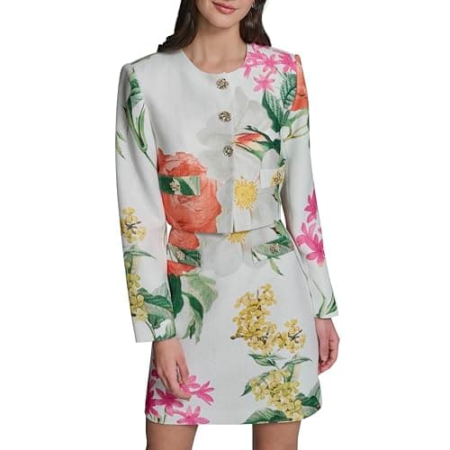 KARL LAGERFELD Paris Women's Long Sleeve Gold Buttoned Cropped Tweed Jacket, Soft White/Camelia Multi, 8