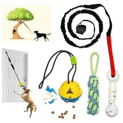 GDuolaPaws Interactive Dog Bungee Tug Toy, 4 Pieces Hanging Spring Pole for Puppy/Small/Medium Dogs, Outdoor Tether Rope for Yard Tree, Indoor Door Pull Toy for Self Play and Solo Exercise