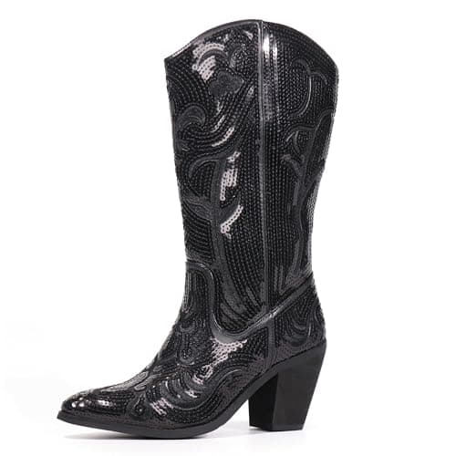 Hawkwell Women's Sequin Mid Calf Western Cowboy Boots Wide Calf High Fashion Zipper Pointed Toe Embroidered Tall Cowgirl Boots — image 1
