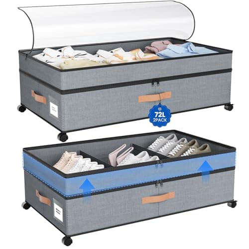 Mqaue Storage Box,Under Bed Storage with Wheels 72L XXL Under the Bed Storage Containers Large, 10‘’ Tall Adjustable Storage for Underbed with Lids, Rolling for Shoes, Clothes, Blankets, Grey — image 1