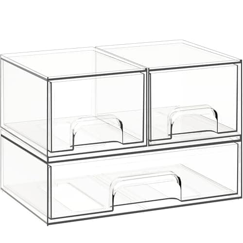 Criusia Stackable Storage Drawers, 3 Pack Clear Acrylic Makeup & Bathroom Organizer, Versatile Storage Bins for Vanity, Under Sink, Kitchen Cabinets & Pantry