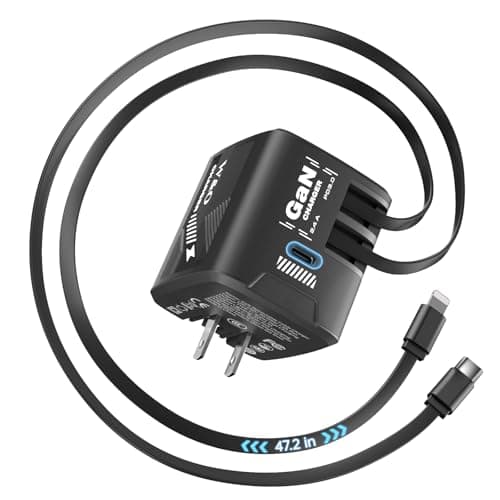 W & O Fast Charger for iPhone17/16/15,60W gan Charger,Retractable Phone Charger Wall Plug with Lightening and Type-C Cables,for iPhone Series, Galaxy S25/24,Android and More(Black)