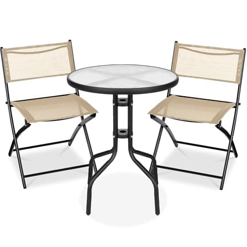 Best Choice Products 3-Piece Patio Bistro Dining Furniture Set w/Textured Glass Tabletop, 2 Steel Folding Chairs, Polyester Fabric - Beige — image 1