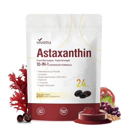 10 in 1 Astaxanthin Supplements 24mg, 4 Month Supply, Astaxantina Antioxidant from Fresh Haematococcus Pluvialis, Contains Lycopene, Grape Seed, Vitamin E, & More Supports Eye, Joints, Skin Health — image 1