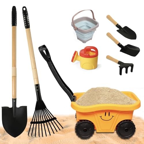 POMIKU Todders Wheelbarrow Gardening Set, Kids Rake and Shovel Set for Dirt Digging, Garden Tools Equipment for Yard Outdoor Sandbox Summer Toys Gifts for Ages 2-5 Years