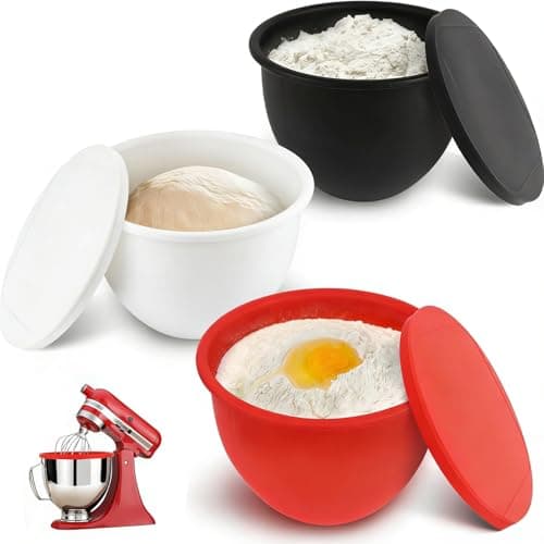 【3-Pack】Supper Moment® Silicone Bowl Liners for KitchenAid 5 Qt Tilt-Head Mixers, Foldable Space-Saving Silicone Mixing Bowl Liners with Lids, Heat Resistant, Dishwasher Safe (Black, White, Red)