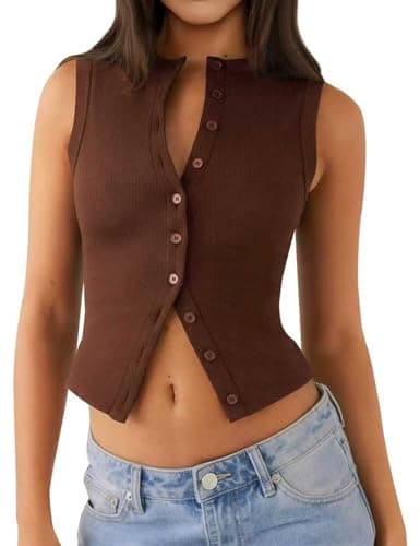 Relety Womens Crop Tank Tops Going Out Button Down Vest Seamless Ribbed Trendy Shirts Cute Sleeveless Summer Spring Y2K Cami — image 1