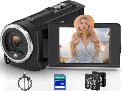 Muitune Camcorder Video Camera QHD 2.7K 56MP 16X Digital Zoom Vlogging Camera with LED Fill Light for YouTube, 2.8 Inch 270 Degree Rotation LCD Screen Camcorder with 32GB SD Card and Two Batteries