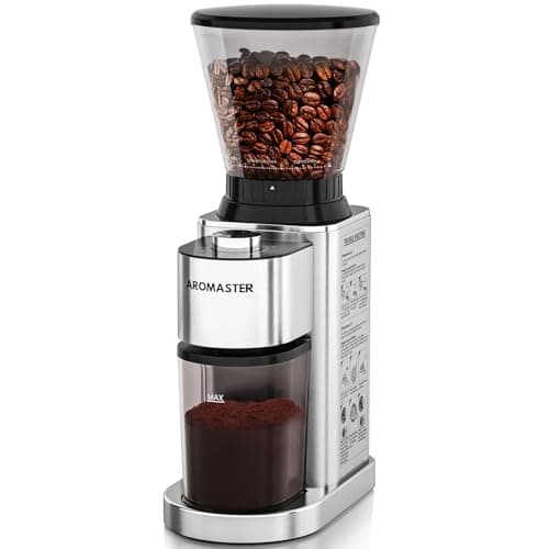 Aromaster Burr Coffee Grinder with 48 Gind Settings, Conical Coffee Bean Grinder for Home Use,Stainless Steel,40 Seconds Adjustable Timer,Anti-static,Easy to Clean with Brush