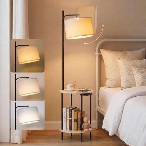 ONEWISH Floor Lamp with Table, End Table with Lamp, Charging Station (USB/Type-C/AC), Round Coffee Table for Living Room & Bedroom (White) — image 1