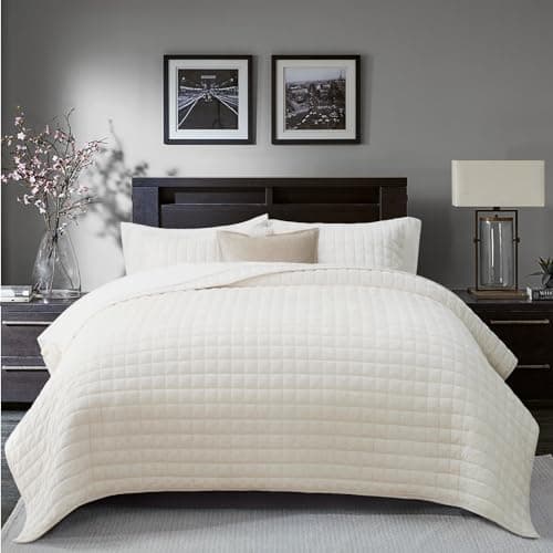 RECYCO Luxury Velvet Quilt Set King Size, Lightweight Velvet Comforter Set, Oversized Bedspread Coverlet Quilted Bedding Set, with 2 Matching Pillow Shams, for All Season, Cream White — image 1