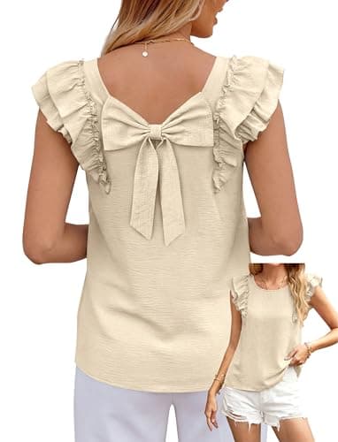 Okiwam Womens Ruffle Short Sleeve Summer Tops Bow Tie Back Blouse Round Neck Cute Babydoll Shirts Summer 2026 Fashion — image 1