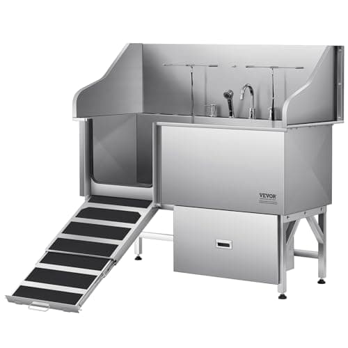 VEVOR Professional 304 Stainless Steel Dog Bathing Station, 61 inch Pet Grooming Tub w/Anti-Slip ramp, Storage Drawer, Cold Hot Faucet Showerhead, for Large & Medium & Small (Left Door, with Drawer)