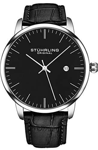 Stuhrling Original Men’s 40 mm Ultra-Slim Black Dial Dress Watch with Calfskin Leather Strap, Date Display – Minimalist Analog Wristwatch