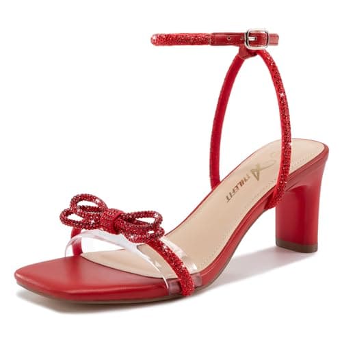 Athlefit Women's Rhinestone Bow Heels Clear Open Square Toe Block Heels Buckle Heeled Sandals for Party Wedding — image 1