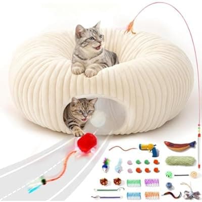 Catails Cat Tunnel Bed with 31 Pcs Interactive Cat Toys, Automatic Cat Toys for Indoor Cats Kittens, Cat Tube with Moving Ball, White