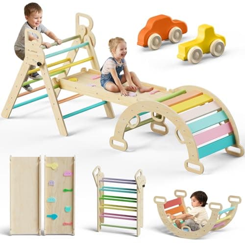 BlueWood Pikler Triangle Set 7in1 Foldable Baby Climbing Toys Wooden Montessori Climbing Set with Arch&Ramp&Ladder Baby Climber Indoor Jungle Gyms for Toddlers Montessori Toys - Rose Garden