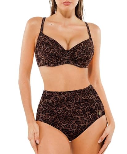 Popilush High Waisted Bikini Sets for Women Tummy Control Two Piece Shapewear Swimsuit Ruched Push Up Bathing Suit Leopard Print