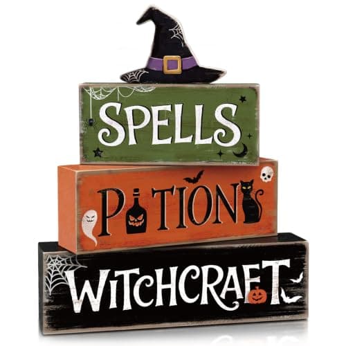4 Pcs Hocus Pocus Decor, Vintage Halloween Decorations Indoor Table Sign | Halloween Kitchen Decor, Wooden Witch Hat Halloween Party Centerpieces, Tiered Tray Decor for Office Home Mantel Shelf — image 1