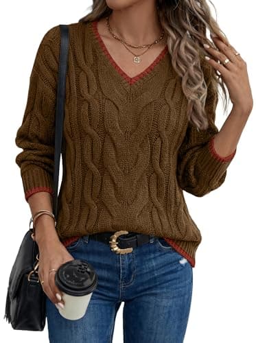 LaGracia Women's Oversized Cable Knit V Neck Sweaters Trendy Color Block Sweater Pullover 2026 — image 1