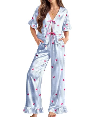 Ekouaer Silk Pajamas for Women Set 3/4 Sleeve Ruffle Pjs Bow Tie Sleepwear — image 1