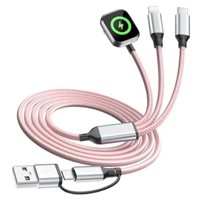 3 in 2 Multi Charging Cable for iWatch Charger/IP/USB C,Travel Cruise Essentials,Pink 1-Pack 5FT Braided USB A/C Cable Designed for Multiple Devices,Car Accessories for iWatch Ultra/SE & iPhone 17-11